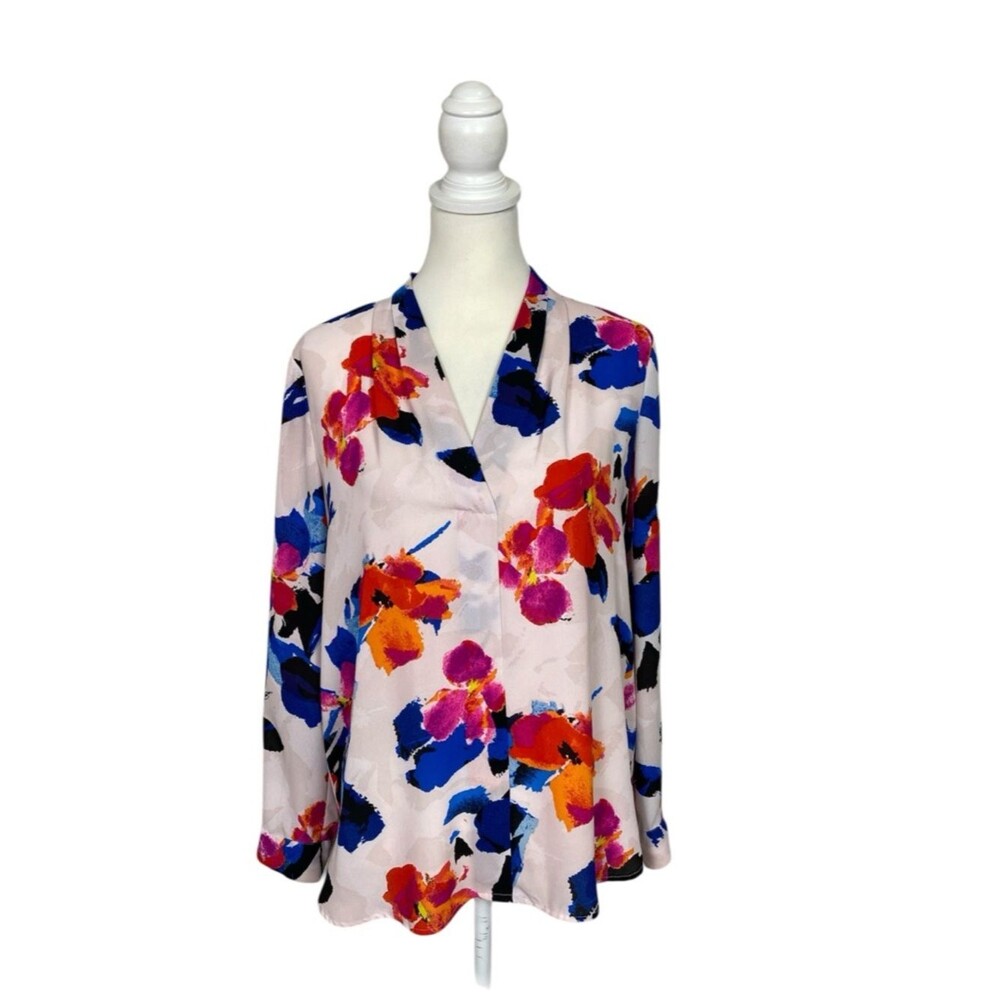 Vince Camuto Blouse Floral V Neck Lightweight Flowy Top Colorful Long Sleeve